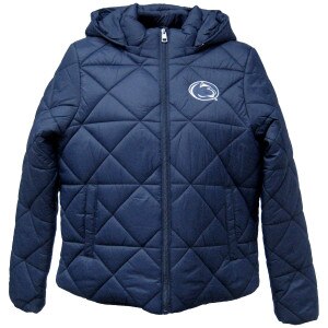 women's navy quilted puffer jacket with Penn State Athletic Logo